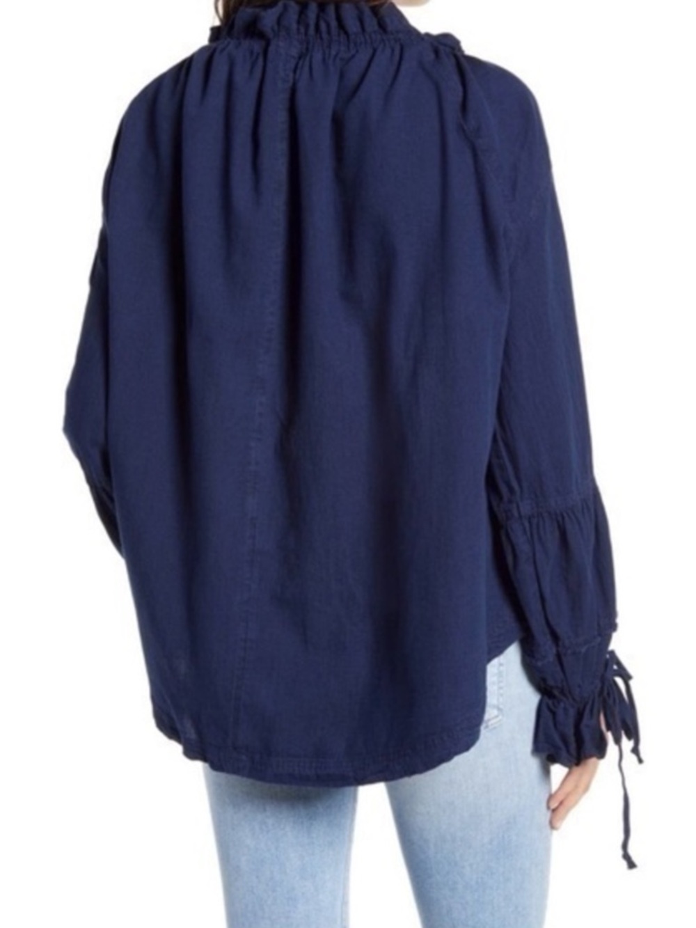 Free People Tie Neck Top Navy Long-Sleeve Ruffle Peasant Size Medium - Picture 3 of 7